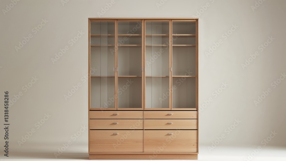 Fototapeta premium Wooden Wardrobe with Glass Doors and Drawers
