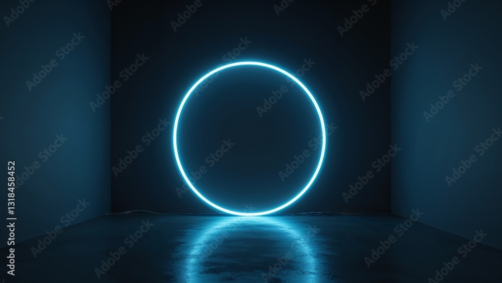 Obraz premium Neon lighted circle is lit up in a dark room.
