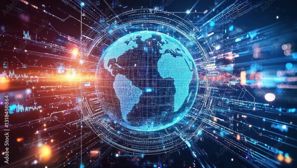 Virtual currencies and tech visuals surround a digital globe, blockchain. Virtual currencies and tech visuals surround a digital globe, blockchain.