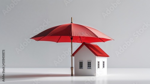 Wallpaper Mural A small white house with a red roof protected by a large red umbrella on a clean background Torontodigital.ca