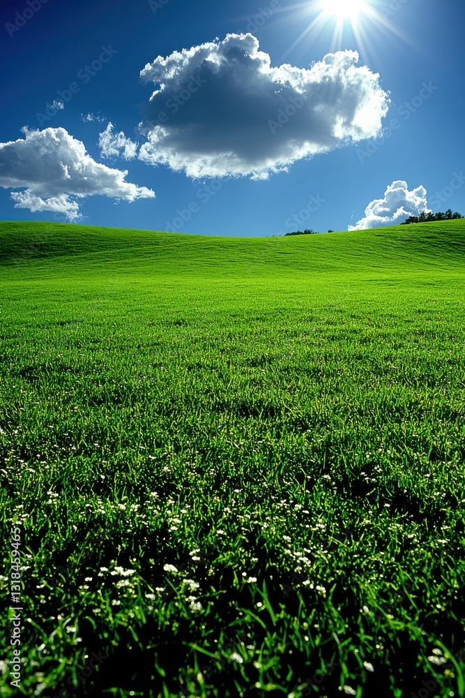 Bright sun shining over lush green grass in an open field during a clear day Bright sun shining over lush green grass in an open field during a clear day