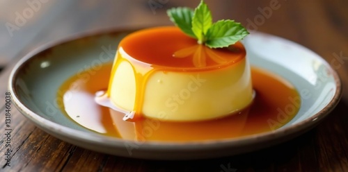 Creamy flan with caramel sauce drizzled over the top on a metal tray, sauce, dessert topping, flan
