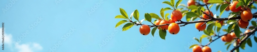 Delicate Mandarintree branches against a clear blue sky, Tree branch, Mandarin tree Delicate Mandarintree branches against a clear blue sky, Tree branch, Mandarin tree