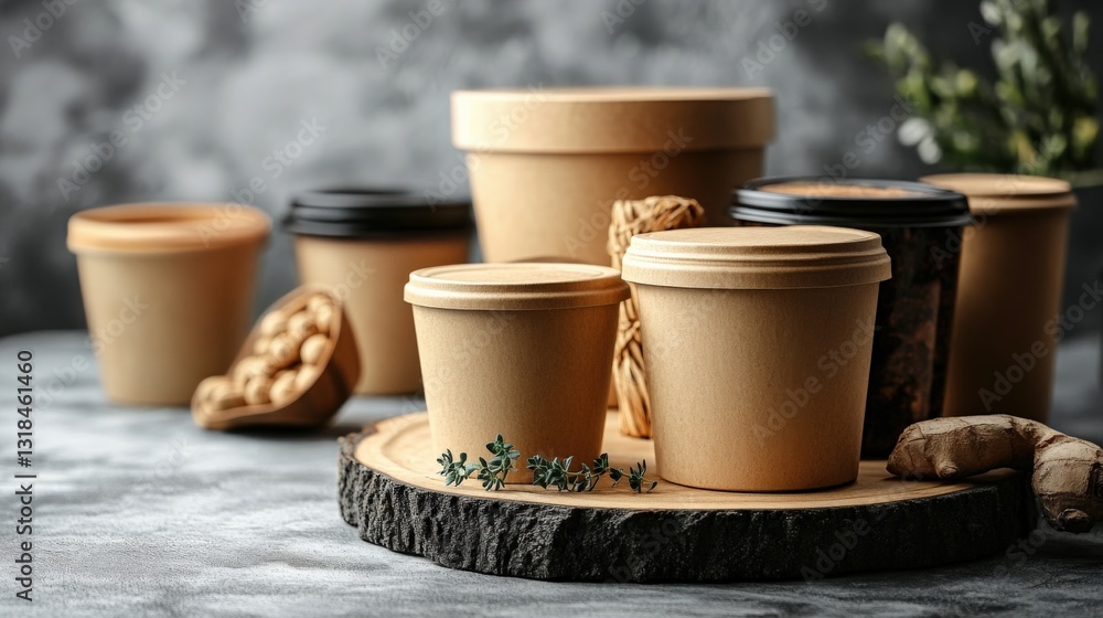 Various eco-friendly paper containers arranged on a wooden platter with natural decor elements Various eco-friendly paper containers arranged on a wooden platter with natural decor elements