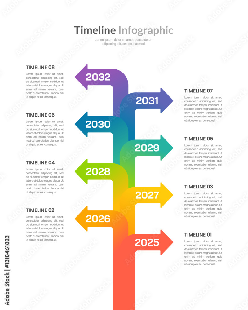 Colorful Vertical Arrow Timeline Infographic 8 Key Events. Presentation, Report, Plan and Milestone. Vector illustration.