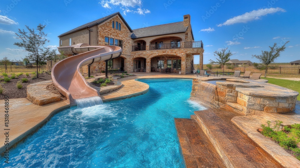 Fototapeta premium Luxury home with pool, slide, and spa.