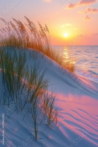 Sunset over sandy dunes with grass along the coastline creates a serene beach atmosphere during twilight