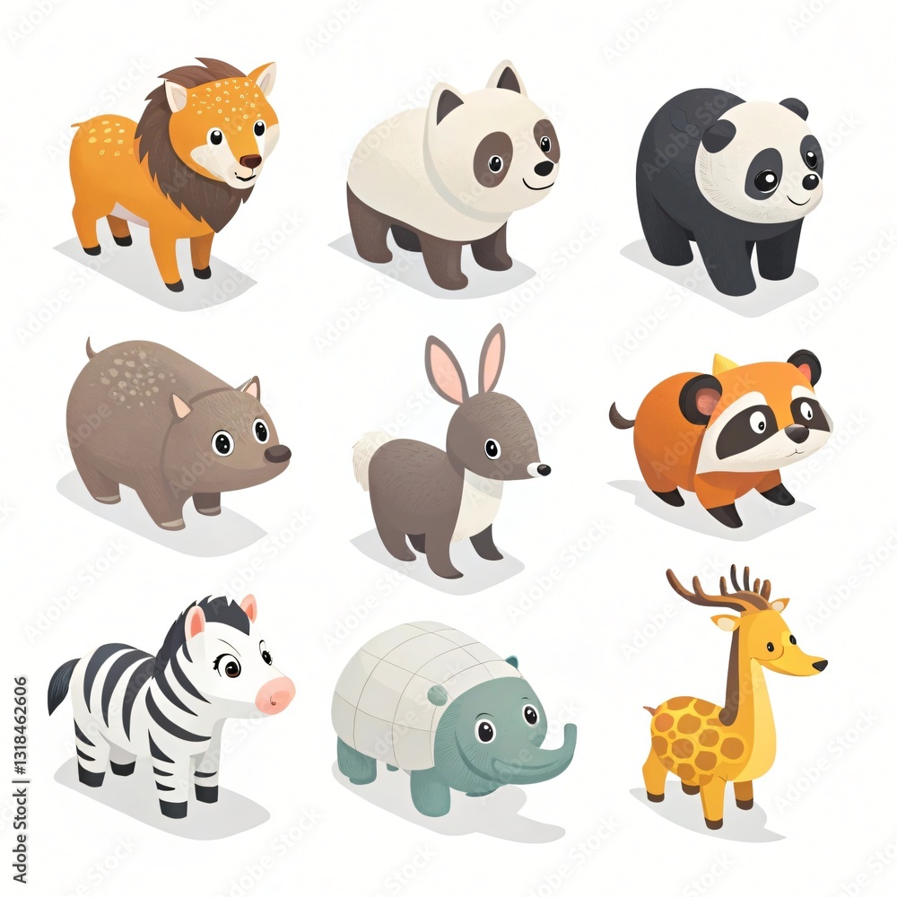 Fototapeta premium Adorable Cartoon Animals Collection Isometric Zoo Wildlife Set Cute Panda Zebra Deer