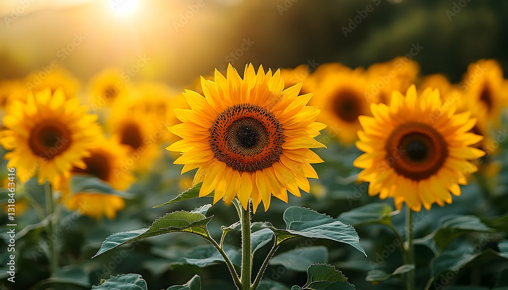 Obraz premium Golden Sunflowers Field at Sunset