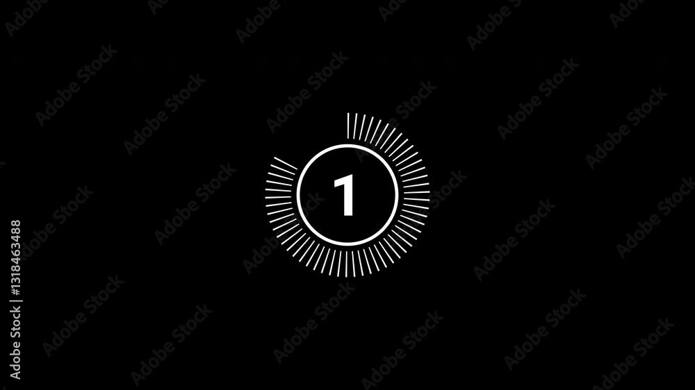 Circular with 5 second countdown animation from 5 to 0. on black background. 4K Video