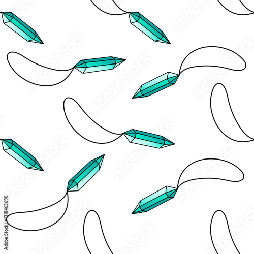 Hand drawn seamless pattern with turquoise crystal pendants in cartoon style