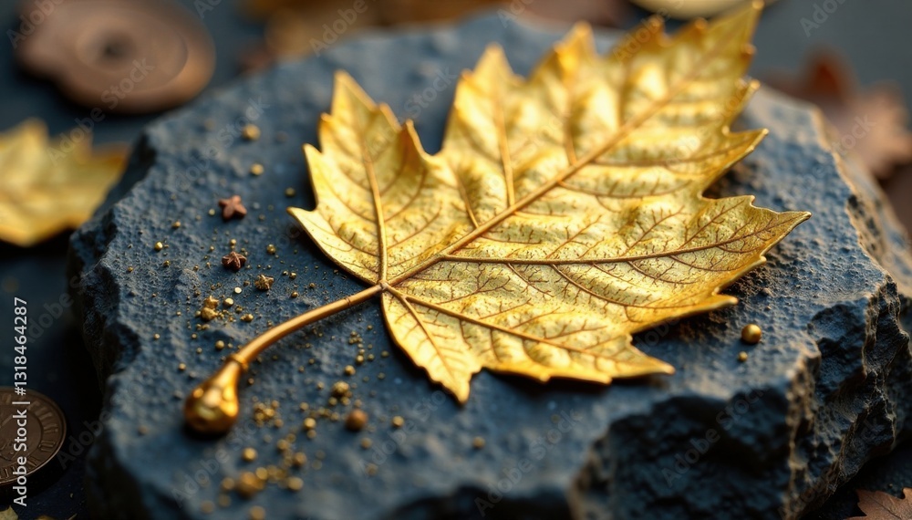 Shiny gold foil like leaf impressions on stone, leaf impression, outdoor features, stone texture Shiny gold foil like leaf impressions on stone, leaf impression, outdoor features, stone texture
