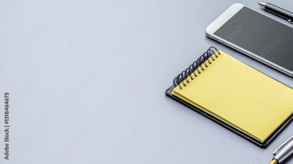 Yellow Notepad Smartphone Pen on Gray Desk Minimalist Office Workspace Yellow Notepad Smartphone Pen on Gray Desk Minimalist Office Workspace