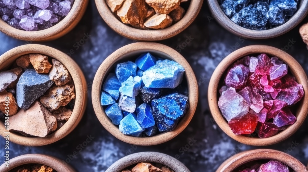 Various crystals in small clay bowls showcase an array of vibrant colors and textures, set against a dark background Various crystals in small clay bowls showcase an array of vibrant colors and textures, set against a dark background