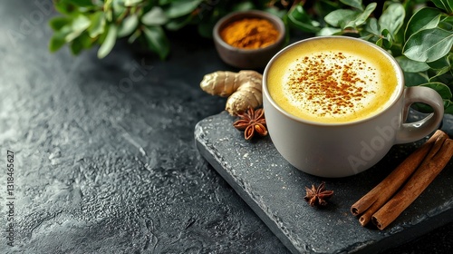 Golden latte with a hint of India's spicy curry flavors, topped with cinnamon, served over a bed of golden milk, a soothing beverage to warm up on a chilly day.