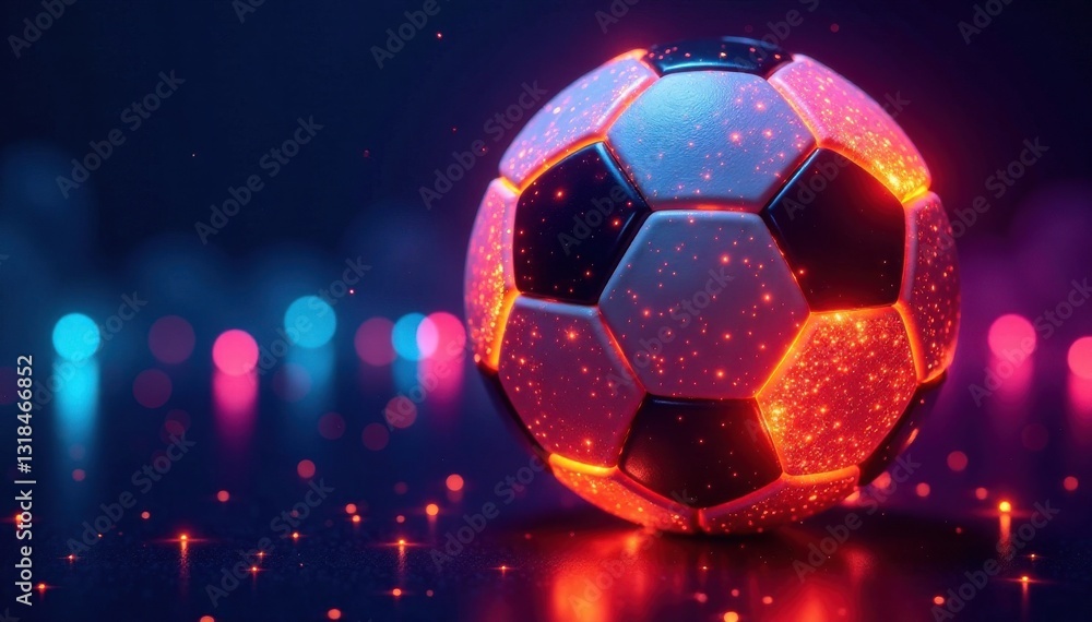 Naklejka premium Close-up of glowing neon soccer ball against dark blue background with scattered neon lights, sports, abstract, soccer ball