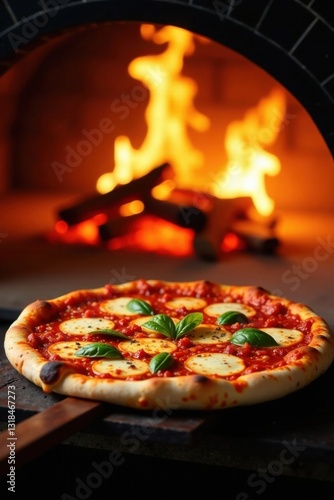 Sizzling hot pizza in the foreground with flames rising from a brick oven in the background , heat, baking, food