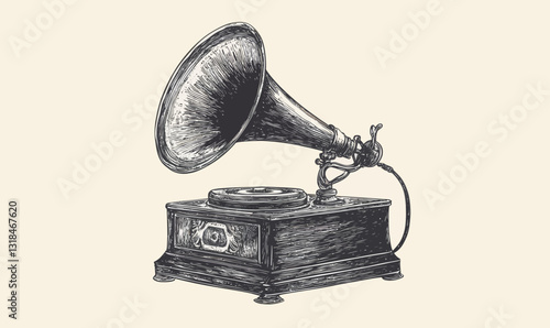 Vintage Phonograph Gramophone Engraved Hand Drawn Sketch Vector Art Illustration