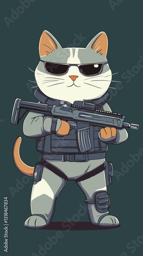 Cartoon Cat Soldier with Rifle in Minimalist Style Military Animal Art Vector