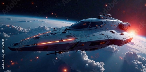 sleek spaceship docked in orbit, cosmos, stars, spaceship