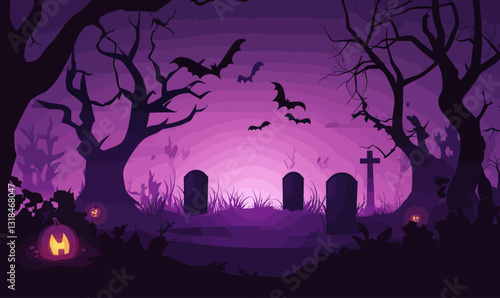 Eerie Halloween Cemetery Scene with Bats and Tombstones in Purple Forest Vector Art