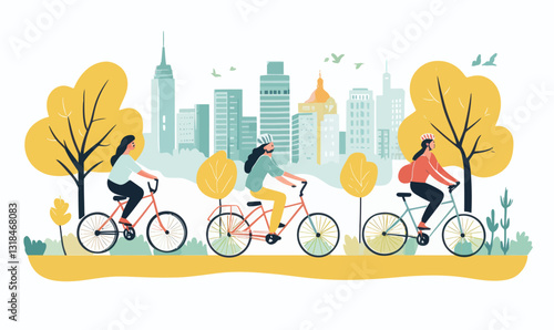 Minimalist Vector of Eco-Friendly City with Bike Lanes and Cyclists Riding Bicycles for Sustainable Urban Living