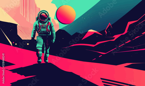 Futuristic Astronaut Exploring Geometric Landscape in Space Vector Art