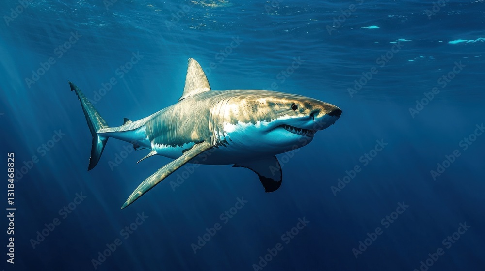 Obraz premium Great White Shark in Deep Blue