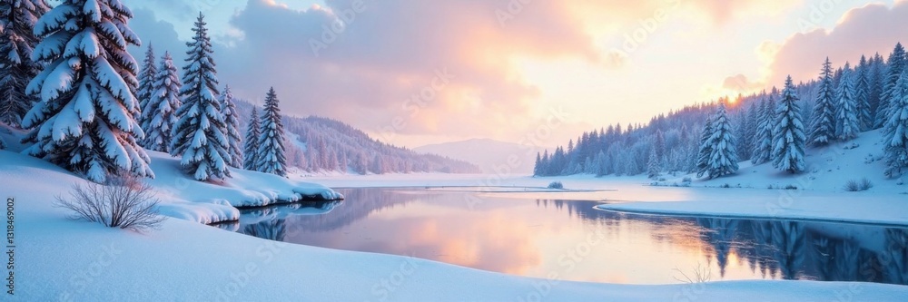 Fototapeta premium Snow-covered landscape with frozen lake and pine trees, natural scenery, snow covered terrain, pine trees