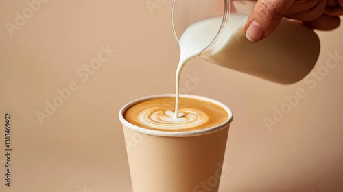 hand pouring milk from a glass container onto a latte on a white paper cup on a table on a beige background