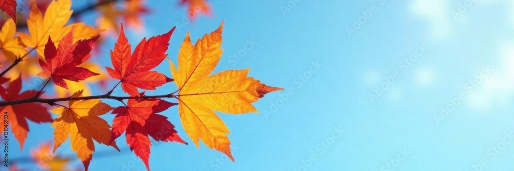 Colorful Autumn branch with vibrant leaves against a blue sky, leaves, trees, fall season Colorful Autumn branch with vibrant leaves against a blue sky, leaves, trees, fall season
