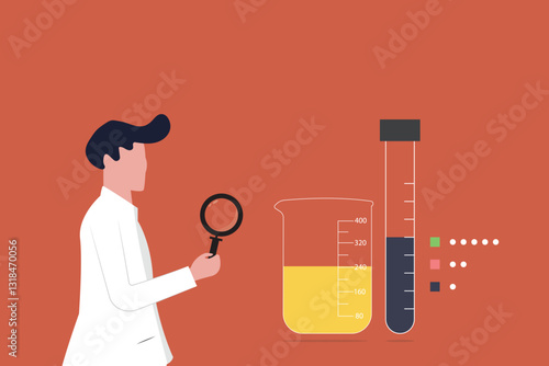 Male scientist doing scientific research in lab, holding magnifying glass and chemical flask, molecule models in background. For science, chemistry, physics, neuroscience concept