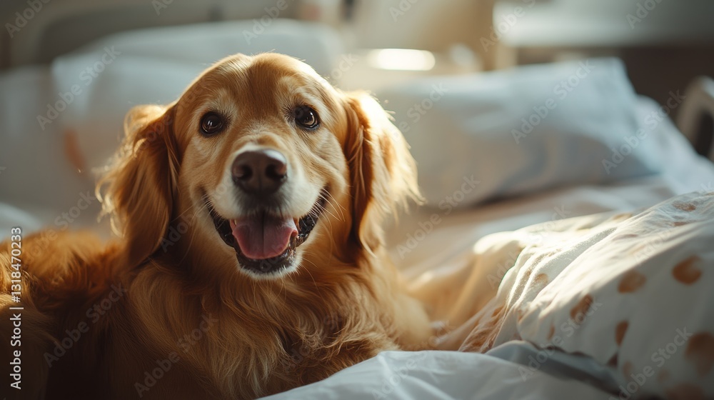 Obraz premium A Friendly Golden Retriever Showing Affection to a Hospital Patient in Natural Light Hyperrealistic Scene
