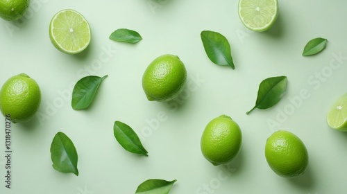 Fresh green limes overhead view