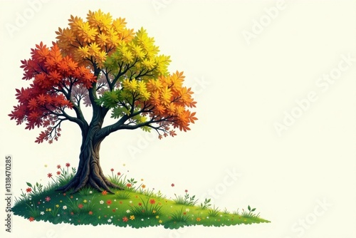 Colorful botanical illustration of changing seasons on a tree , flowers, autumn, spring