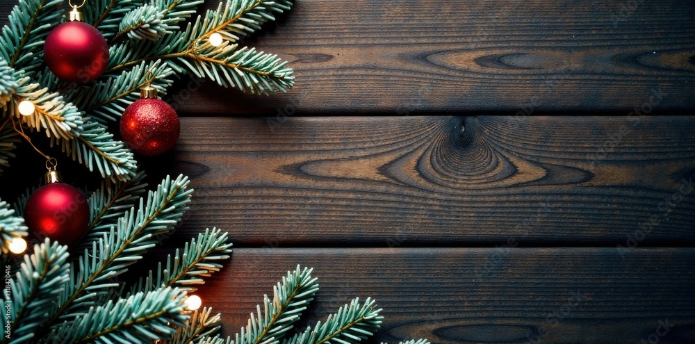 Fototapeta premium Snowy evergreen branches with ornaments and lights on wooden background, garland, decorations, snowflakes