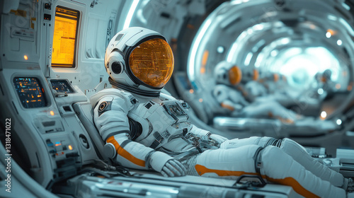 Fototapeta Naklejka Na Ścianę i Meble -  AI-powered space station concept featuring futuristic anti-gravity labs, digital astrophysics research panels, and robotic AI astronauts