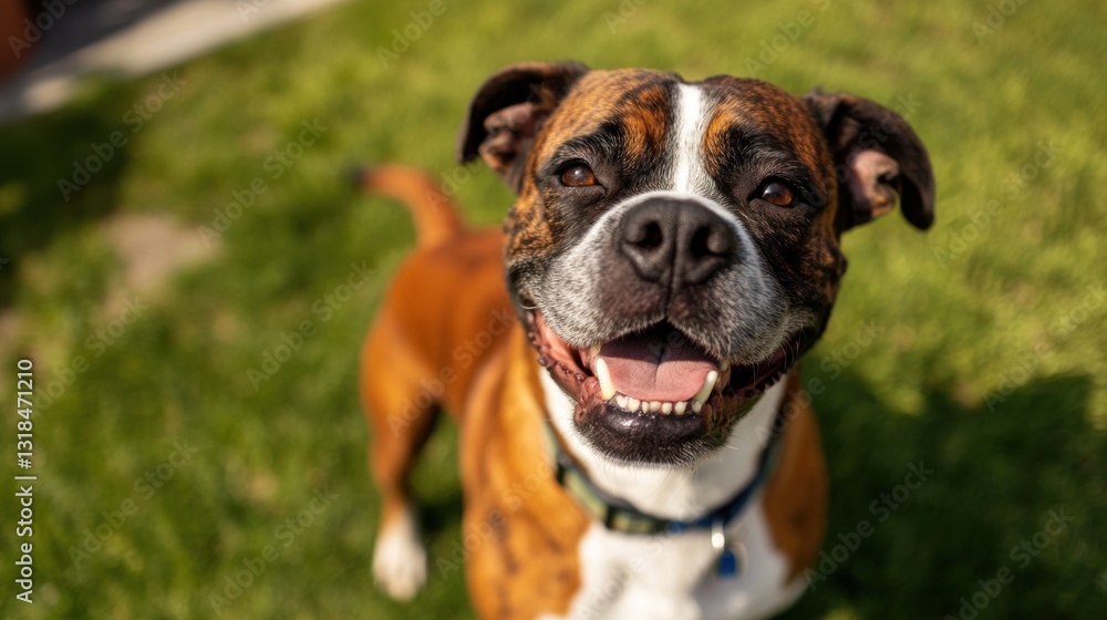 A playful dog with a joyful expression stands in a sunny backyard, surrounded by vibrant green grass and a serene atmosphere A playful dog with a joyful expression stands in a sunny backyard, surrounded by vibrant green grass and a serene atmosphere