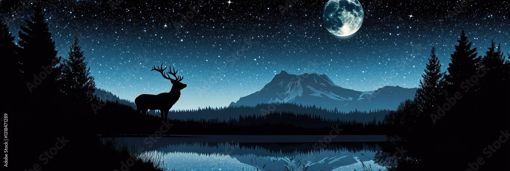 Fototapeta premium Majestic stag silhouetted against a tranquil night scene with a full moon, stars, and mountain range reflected in a still lake.