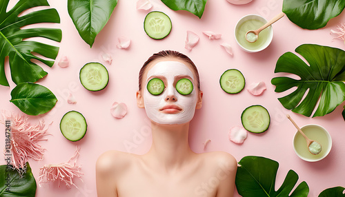 Relaxing facial spa treatment home beauty calm environment overhead view self-care concept