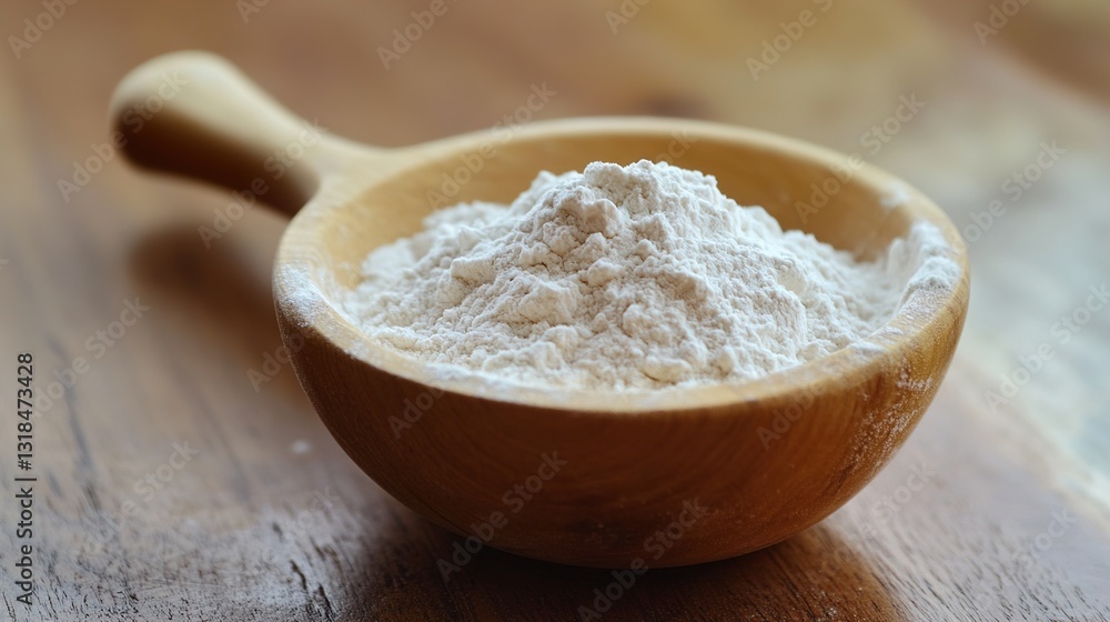 Wooden Bowl of Flour: Baking Ingredient Close-Up Wooden Bowl of Flour: Baking Ingredient Close-Up