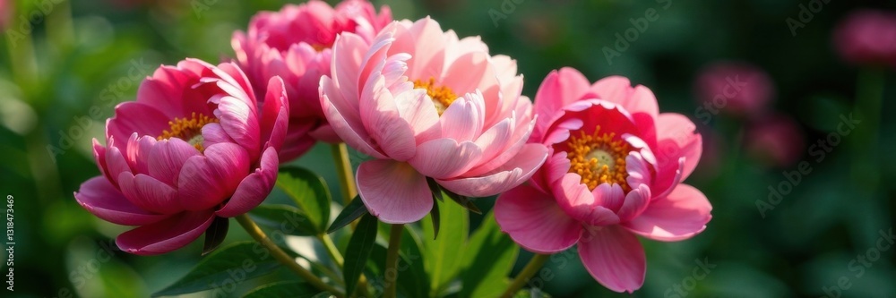 Obraz premium Colorful peony flowers arranged in a vase, surrounded by lush greenery, arrangement, decorative, peonies