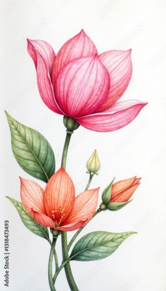 Fototapeta premium Soft watercolor floral petals unfolding on a white background, watercolor, delicate colors, gentle hues