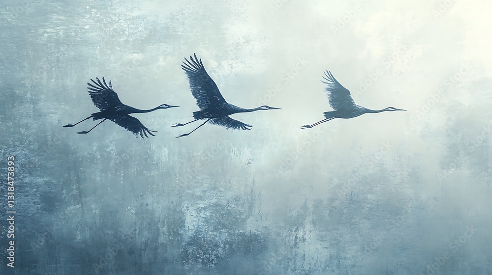 Obraz premium Minimalist abstract of cranes in mid-flight, silhouetted against a softly textured background of pale blue and silver, flowing brushstroke accents, harmonious and elegant, hd quality,