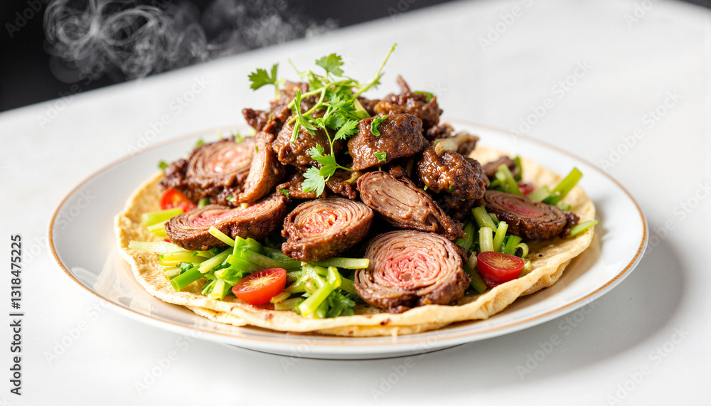 Elegant lamb gyro with fresh vegetables on white plate, culinary artistry Elegant lamb gyro with fresh vegetables on white plate, culinary artistry
