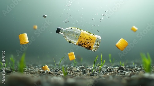 A surreal yet painfully underwater scene depicting the detrimental effects of plastic waste and pollution on the delicate marine ecosystem