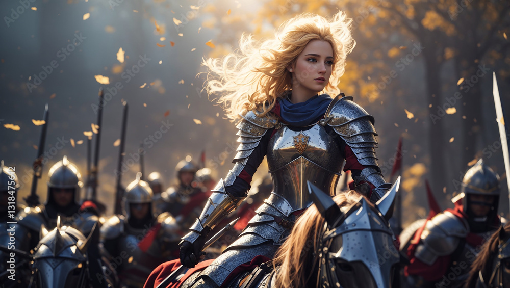 Obraz premium Mounted female knight wearing armor leads a war charge. The group of knights carry red banners and ride brown horses with partial armor.