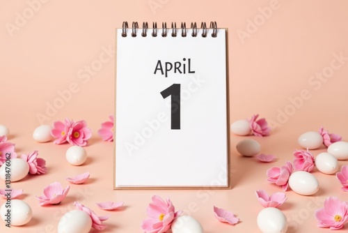 A Simple April 1 Calendar Page Surrounded by White Eggs and Pink Blossoms on a Soft Peach Background, Signifying Spring and Celebration of April Fools' Day photo