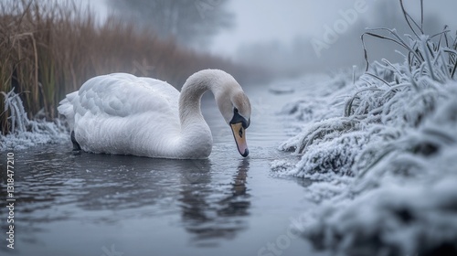 Fototapeta Naklejka Na Ścianę i Meble -  Majestic swan feeding in frosty canal, winter mist