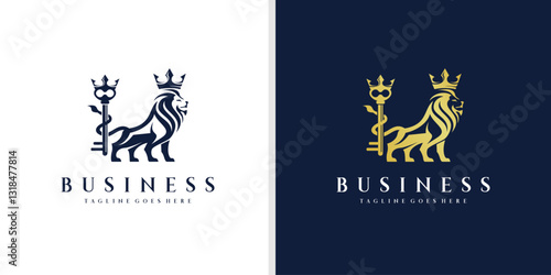 Lion key logo mark design. Real estate icon. Royal finance symbol. Heraldic animal crown brand emblem.